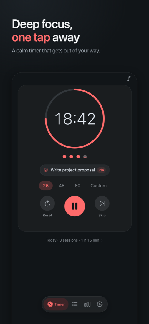 FlowFocus Pomodoro timer counting down a focus session