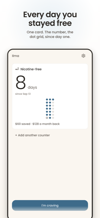 Ilma home screen with a clean-day counter and dot grid